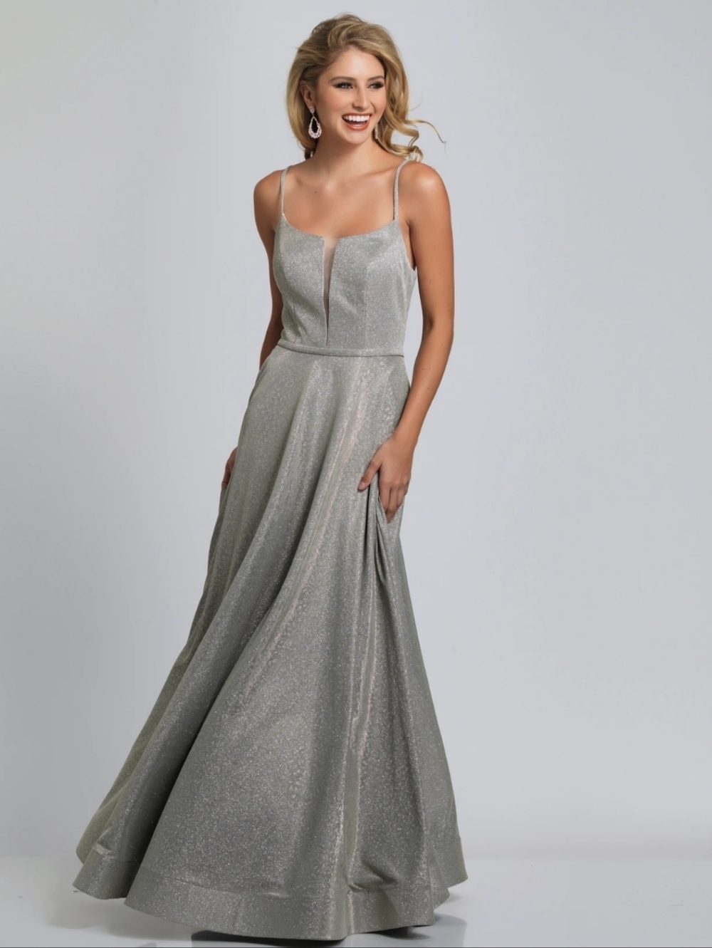 Silver Glitter Spaghetti Strap A-Line Gown